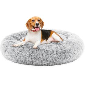 24 Inch Anti-Slip Round Fluffy Plush Faux Fur Cat Bed, Fits up to 25 lbs Pets (size: Grey/L)