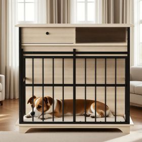 Dog Crate Furniture , Large Dog Cage Furniture with Tray for Medium Large Dogs, Wooden Dog Kennel Furniture (Main Material: MDF+Iron, Main Color: Black+Natural)